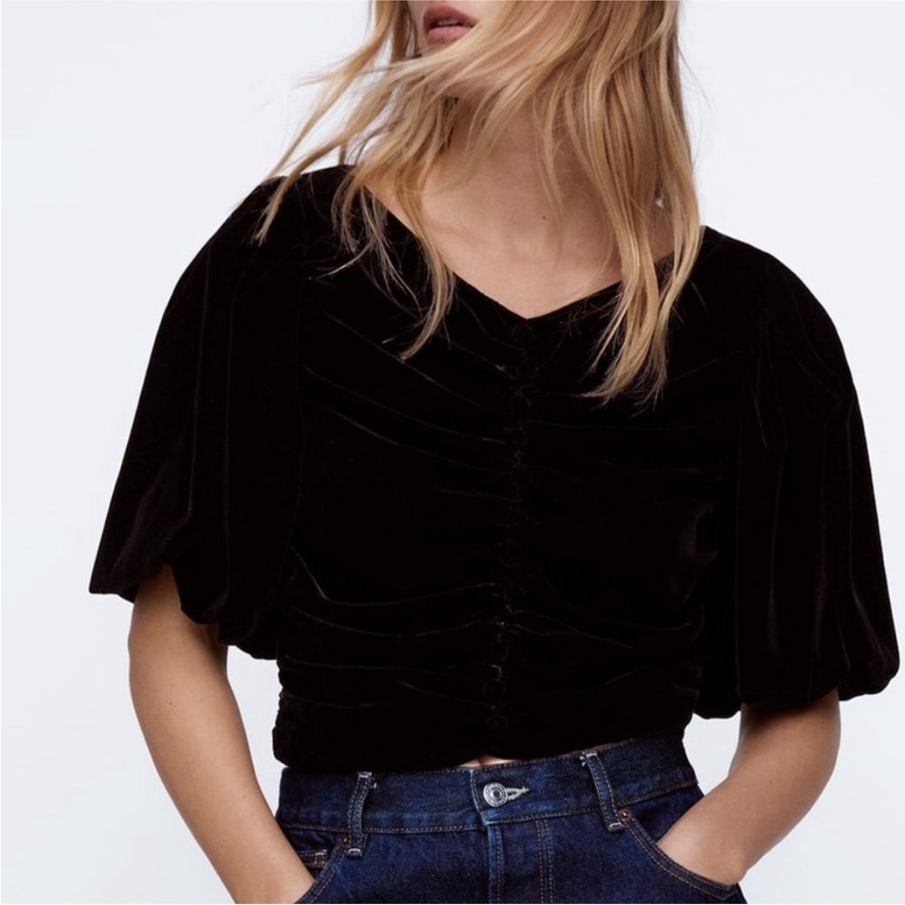 Zara Black Velvet Puff Sleeve Scrunched Blouse